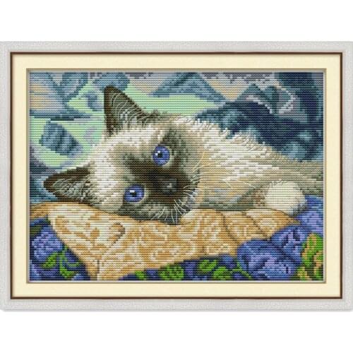 The blue eyes cat cross stitch kit cotton silk aida 14ct 11ct count printed canvas stitches embroidery DIY handmade needlework