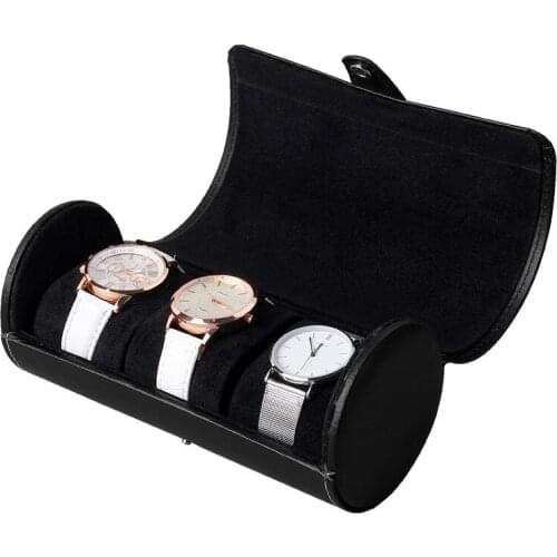 New PU Leather Watch Box Watch Holder Box For Watches Men Cylindrical Button Watch Jewelry Organizer Box 3 Grids Home Shop