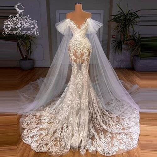 2021 Newest Lace Appliques Mermaid Wedding Dress With Long Tulle Shawl Sexy See Thru Beaded Bridal Dresses Pretty Wedding Gowns