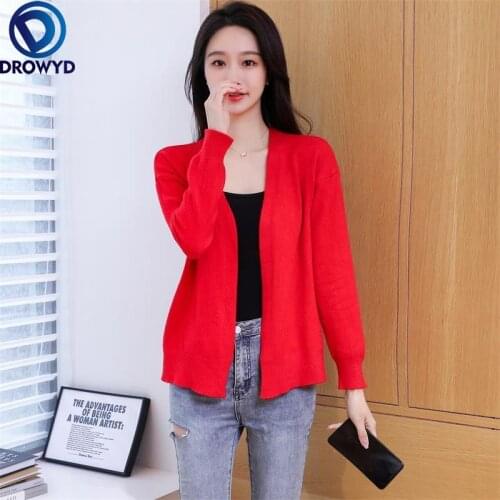 2021 Spring and Autumn New Style Outer Wear All-match Lazy Wind Outer Wear Red Knitted Cardigan Sweater Loose Jacket Women Top