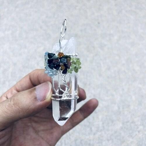 Genuine CLEAR QUARTZ Crystal Point Necklace - Copper Wire Wrapped Pendant w/ Aqua marine, Tourmaline,Peridot - Tree of Life