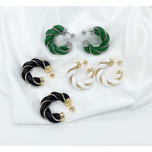 Fashion C Shape Real Leather Twisted Weave Earring Green White Black Color Trendy Women Jewelry Vintage