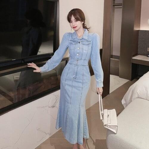Women Spring Turn Down Collar Denim Mermaid Long Dress Long sleeves Slim Elastic Waist Single-Breasted Cowboy Fishtail Dress