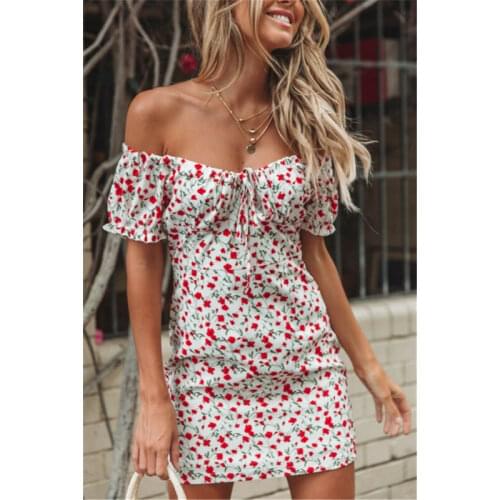 New Women Boho Off Shoulder Wrap Summer Boho Floral Mini Print Short Sleeve Evening Party Dress Ladies Holiday Beach