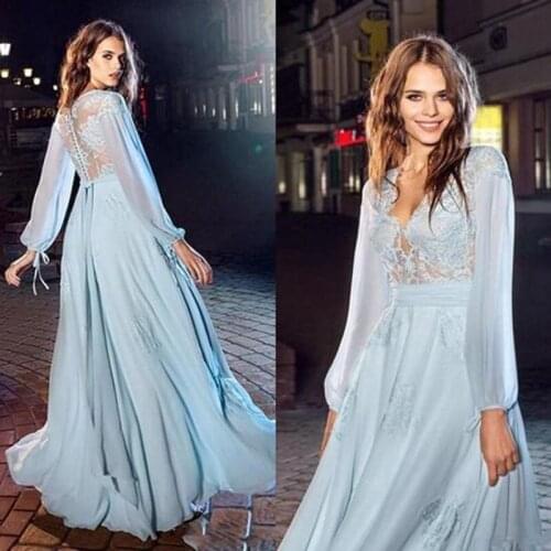 Sky Blue Chiffon Evening Dresses 2021 Sexy A Line V Neck Lace Applique Long Sleeve Dubai Celebrity Prom Gowns Robe De Soriee