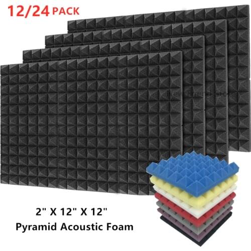 12/24 Pack 2" X 12" X 12" Acoustic Foam Panels Studio Soundproofing Wedge Pyramid Acoustic Treatment Foam Sealing Strip 5Colors