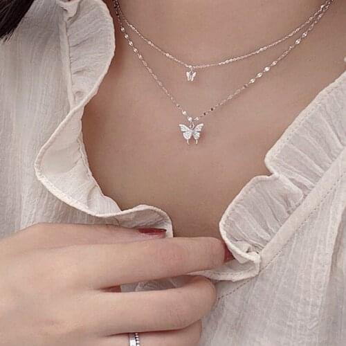 Shiny Butterfly Necklace for Women Dainty Double Layer Clavicle Chain Necklaces Wedding Birthday Jewelry Gift