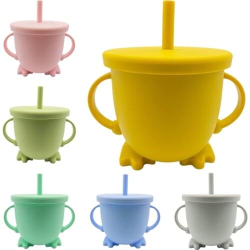 Silicone Baby Feeding Bottle Portable Double Handle Water Bottle Toddler Kids Learning Drinking Bottle Mugs With Straw Cup Lid