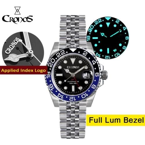 Cronos GMT Automatic Men Watch Bidirectional Bezel Sapphire 20 ATM Solid 5 links Metal Bracelet BGW-9 Lum