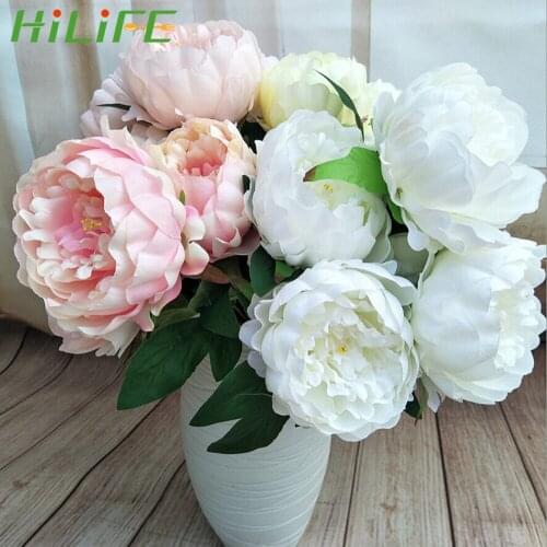 1 Bunch European Artificial Peony 5 Big Head Silk Fake Flowers Bouquet Rose Home Decoration Wedding Party Decor White Pink