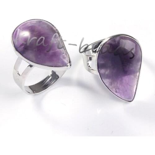 KFT Resizable Water Drop Natural Healing Purple Amethysts Crystal Quartz Stone Figer Ring For Women Party Wedding Jewelry