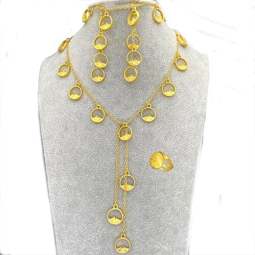 Dubai Jewelry Sets for Women Ethiopia Round Necklace Bracelet Gold Color Arab Earrings Ring Fashion African Wedding Bride Gifts