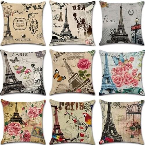 Vintage Style Envelope Postmark Letter Shading Eiffel-Tower Throw Pillow Case Sofa Room Car Decorative Cushion Cover 45x45cm
