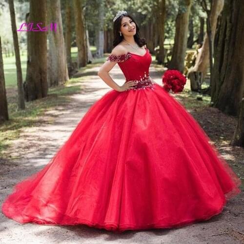 Red Ball Gown Quinceanera Dresses 2021 Puffy Princess Off Shoulder Sweet 16 Dresses Beaded Long Prom Dress vestido de 15 anos