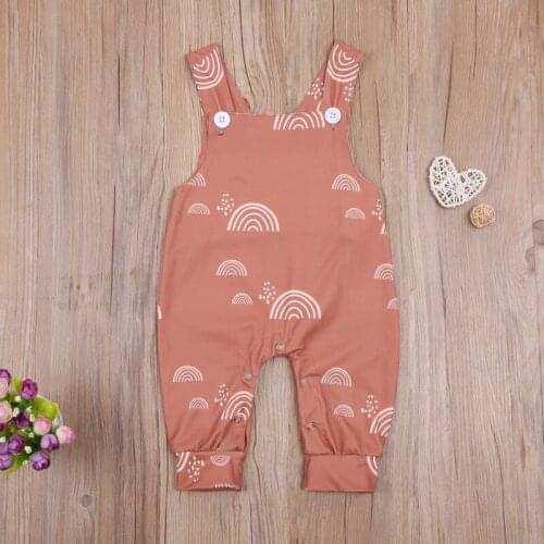 Summer Baby Girls Rainbow Print Romper, Sleeveless Square Collar Jumpsuit with Buttons Daily Wear