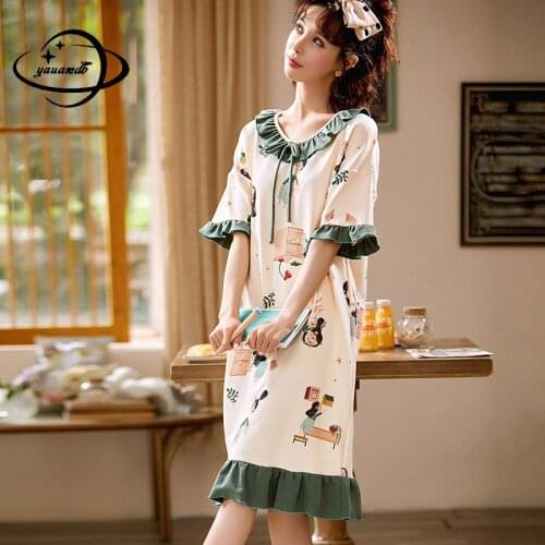 M-2xl Womens Nightgowns Summer Female Sleepwear Short Sleeve Knee-Length Round Neck Cartoon Ladies Nightdress Clothes Hy38