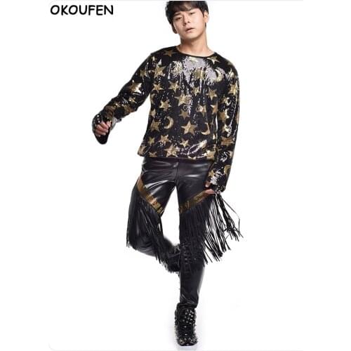 Men Stars printed Long Sleeve T-Shirt Personality Sequin Concert Pop Dance Costume Nightclub Male Singer DJ Stage performance
