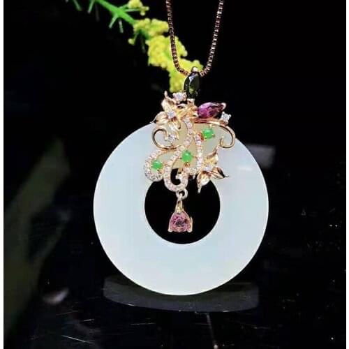 Natural Hetian jade S925 silver inlaid ring safety buckle Pendant