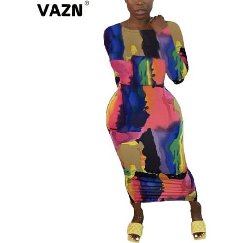 VAZN 2020 Autumn New Arrival Plus Size Young Sexy Retro Soft Elastic Fashion Round Neck Full Sleeve Women Thin Maxi Dress
