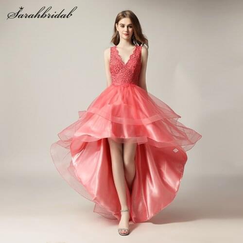 New Sweety Homecoming Dresses 2021 V Neck High Low Sexy Coral Organza Lace Backless Sleeveless Formal Party Prom Gowns LX230