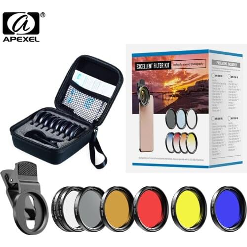 APEXEL camera CellPhone Lens Kit0.45x wide+37mm Full Blue Red Color Filter+CPL ND32+Star Filter for iPhone Xiaomi all Smartphone