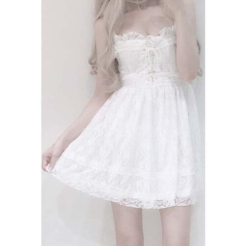 Japanese Harujuku Princess Sweet Lolita Babydoll Dress Vintage Lace Cross Bandage Sexy Victorian Women Dress Kawaii Girl Gothic