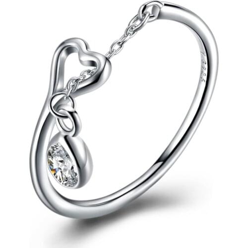 Romantic Women 925 Sterling Silver Rings Charm Hollow Heart Cubic Zircon Water Drop Rings for Lady Party Jewelry Festival Gift