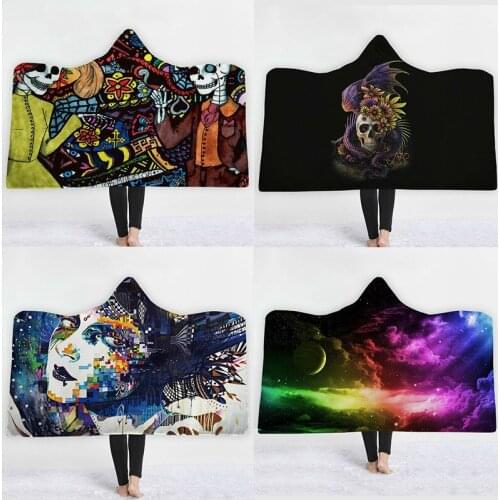 Sugar Skull Flower Hooded Blanket For Adults Kid Floral Gothic Sherpa Fleece Wearable Throw Dream Catcher Blanket Microfiber