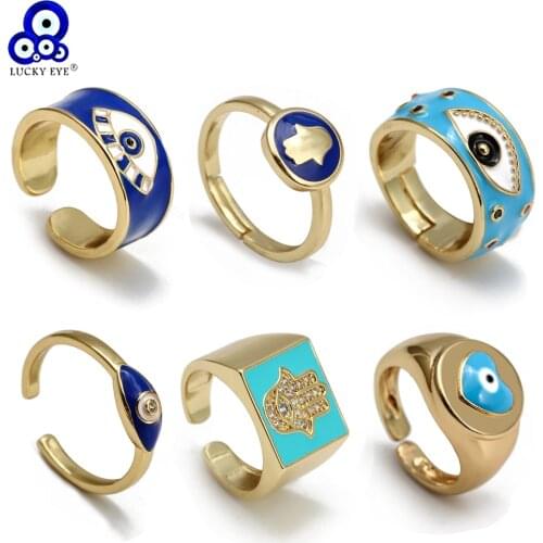 Lucky Eye Heart Fatima Hand Blue Turkish Evil Eye Open Ring Gold Color Copper Finger Ring for Women Men Fashion Jewelry BE275