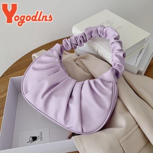 Yogodlns Winter New Handbag Women PU Leather Shoulder Bag Pleated Cloud Bag Casual Dumpling Bag Solid Color Shopping Pouch Bolso