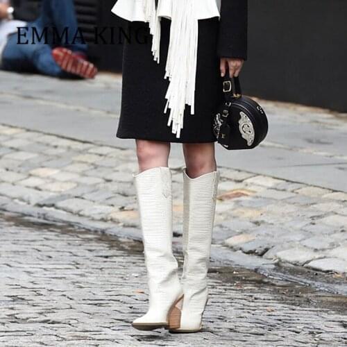 Pointed Toe Women Winter Cowboy Boots Faux Leather Shoes Mid-Calf Chunky Wedges Boots Female Western Knee High Botas De Mujer