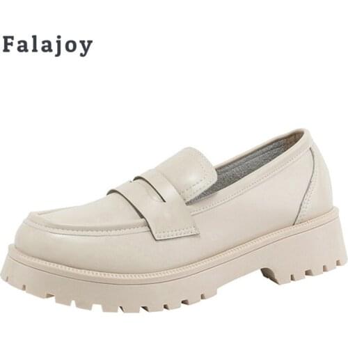 Falajoy Genuine Leather Loafers for Women Round Toe off White Slip on Female Autumn Quality Flat Shoes Womens Flats Plus Size 9