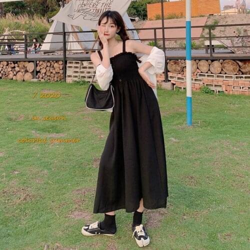 2021 New Summer Loose French Style Dress Suit Female Large Size Black Suspender Dress+White Sunscreen Shirt Two Piece Set aq358