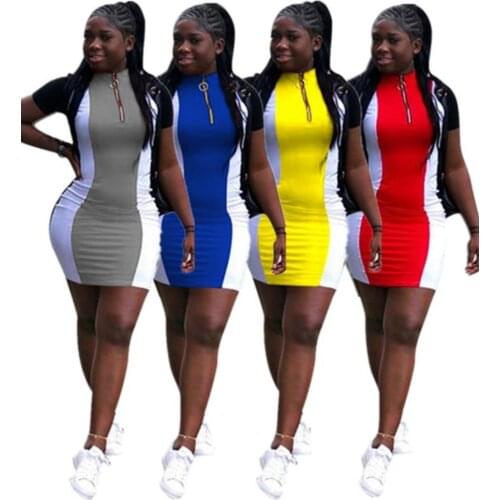 Somoshein S-2XL 2021 Women Summer Dress Casual Sport Stitching Color Zip Short Sleeve Mini Dresses Wholesale Dropshopping