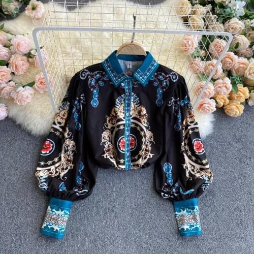 2021 Spring Office Lady Vintage Fashion Lantern Sleeve Court Style Shirt Womens Single-Breasted Printed Blouse Plus Size Tops