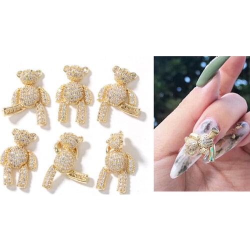 3D Gold Wing Bear Nail Art Decorations Crystal Alloy Pearl Zircons Rhinestone Charms Nail Jewelry Ornaments Accessories