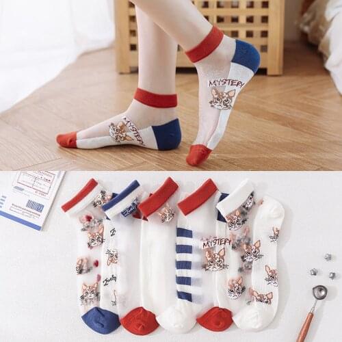 5Pairs/lot Fashion Women Crystal Silk Socks Cute Animal Cat Women Ankle Socks Funny Colorful Transparent Short Girls Socks Sox