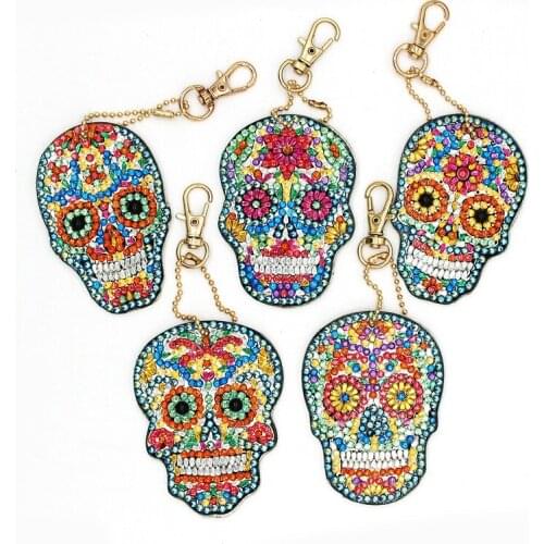 5pcs/set DIY Diamond Painting Keychain Full Drill Bag Skull Double Sided Hanging Ornaments Key Holder Handmake Keyring Gift
