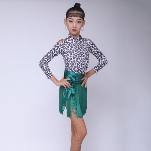 2021Latin Practice Dress Children Leopard Print Top Tassel Skirt Suit Girls Latin Dance Clothes Ballroom Dance Costumes DQS6377