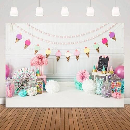 Candy Shop Children Birthday Cake Smash Backdrop Ice Cream White Brick Wall Newborn Baby Portrait Background Studio Photocall