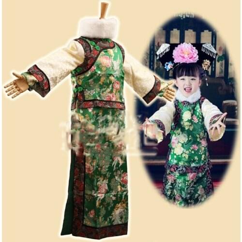 Shanxiang Qing Dynasty Little Emperess or Princess Costume Green Woven Satin Qifu Winter Costume Hanfu for Halloween