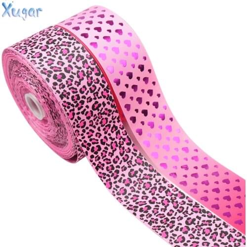 Xugar 3" 75mm Leopard Printed Ribbon Pink Foil Heart DIY Hairbows Accessories Handmade Materials Gift Wrapping Tape 2yards/lot