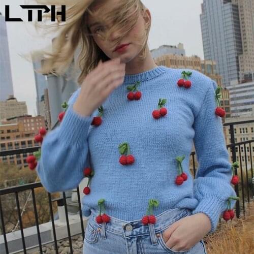 LTPH vintage sweet jumper women sweater loose long sleeve top cherry knitted curling pullovers casual Pull Femme 2021 autumn new