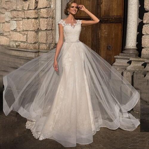 Fashion Lace Mermaid Wedding Gown Custom Made Scoop Cap Sleeves Bridal Gown with Pearls Appliqued Robe de Mariee