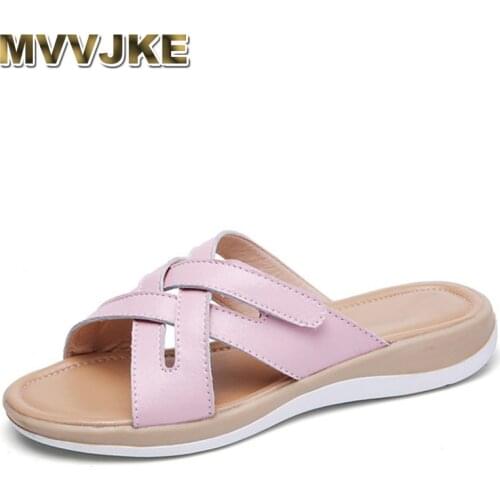 MVVJKE 2018 Summer women slippers slip on round toe flat slides sandals women white black leather slippers flip flops slippers