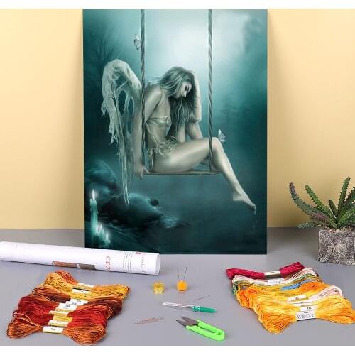 Black Angel Beauty Printed Canvas 11CT Cross Stitch Kit DIY Embroidery DMC Threads Handicraft Painting Craft Handmade Gift