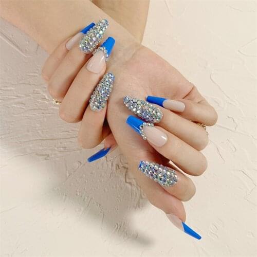 2021 July Latest Fake Nails With Designs Bling Diamond Blue French Coffin Presson Tips with Glue Set Press On nails JP1041