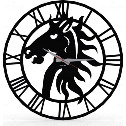 GuzelArt Horse Wall Clock Modern Design Living Room Decoration Wooden Home Decoration Accessories Wall Decor Black