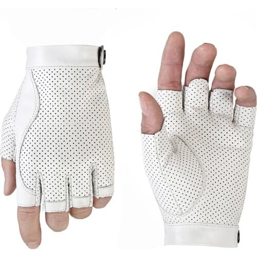 Men White Half Finger Sheepskin Genuine Leather Gloves Summer Autumn Outdoor Fishing Motorcycle Driving Gloves Leather AGC007