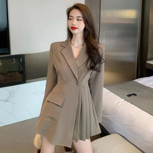 New Women Slim Casual Double Breasted Solid Color Dresses Female Long Sleeve Minimalist Pleated Hem Blazer Dress